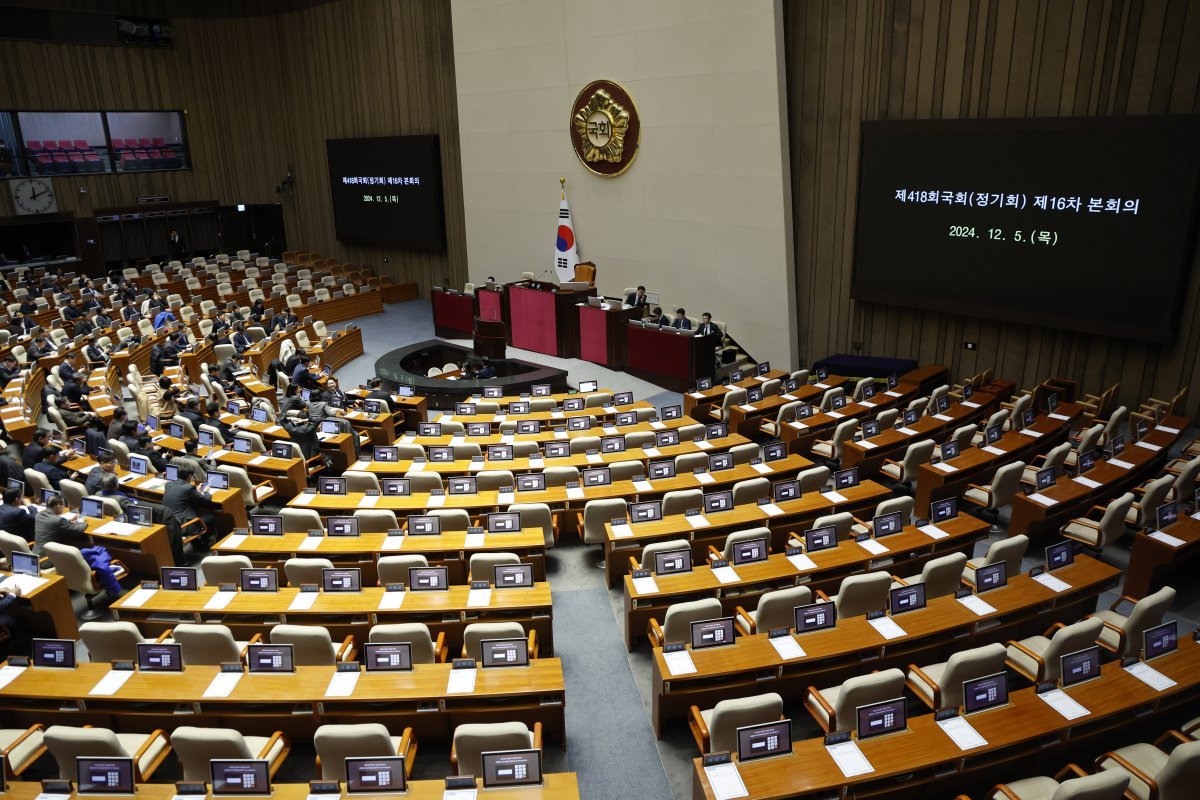 5일 새벽 국회 본회의를 앞두고 국민의힘 의원 좌석이 비어 있다.   이날 본회의에는 윤석열 대통령과 김용현 국방부 장관에 대한 탄핵소추안이 보고된다. 뉴스1