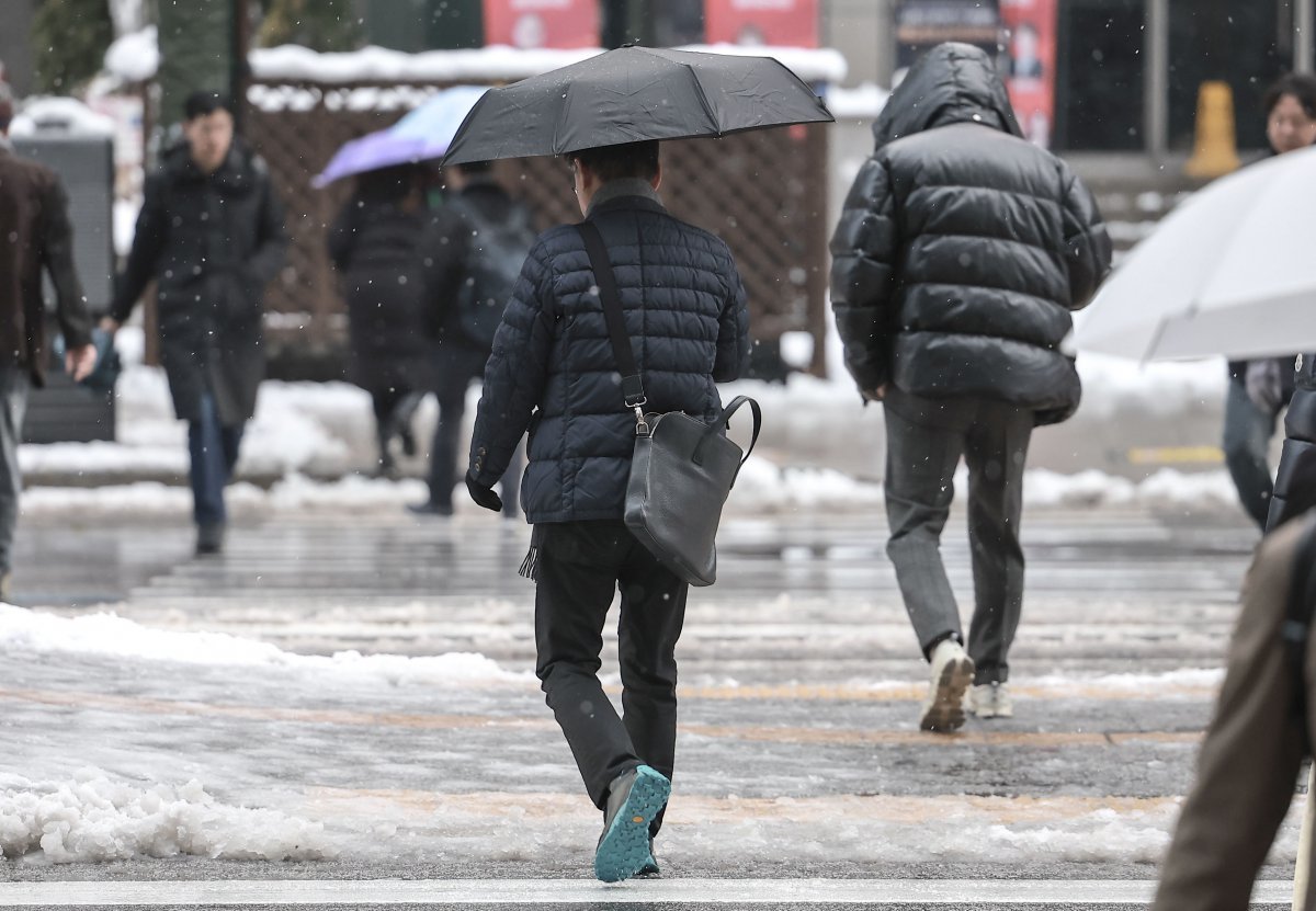 전 날에 이어 많은 눈이 내린 28일 서울 강남구 강남역 인근에서 우산을 쓴 시민들이 이동하고 있다. 2024.11.28. [서울=뉴시스]