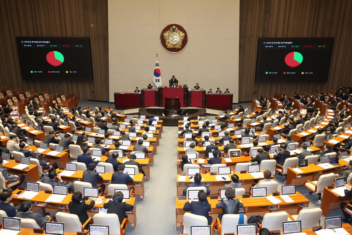 10일 서울 여의도 국회에서 열린 제418회국회(정기회) 제18차 본회의에서 상속세 및 증여세법 일부개정법률안이 재석 281인, 찬성 98인, 반대 180인, 기권 3인으로 부결되고 있다. 2024.12.10.[서울=뉴시스]