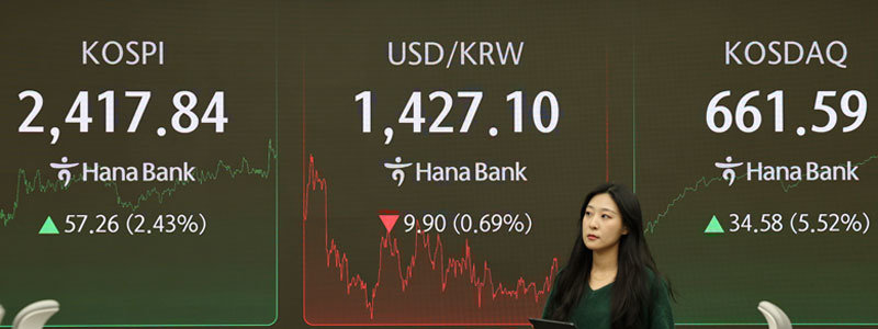 코스피가 전일보다 2.43% 오른 2,417.84에 마감한 10일 서울 중구 하나은행 본점 딜링룸 전광판에 지수가 나오고 있다. 뉴시스