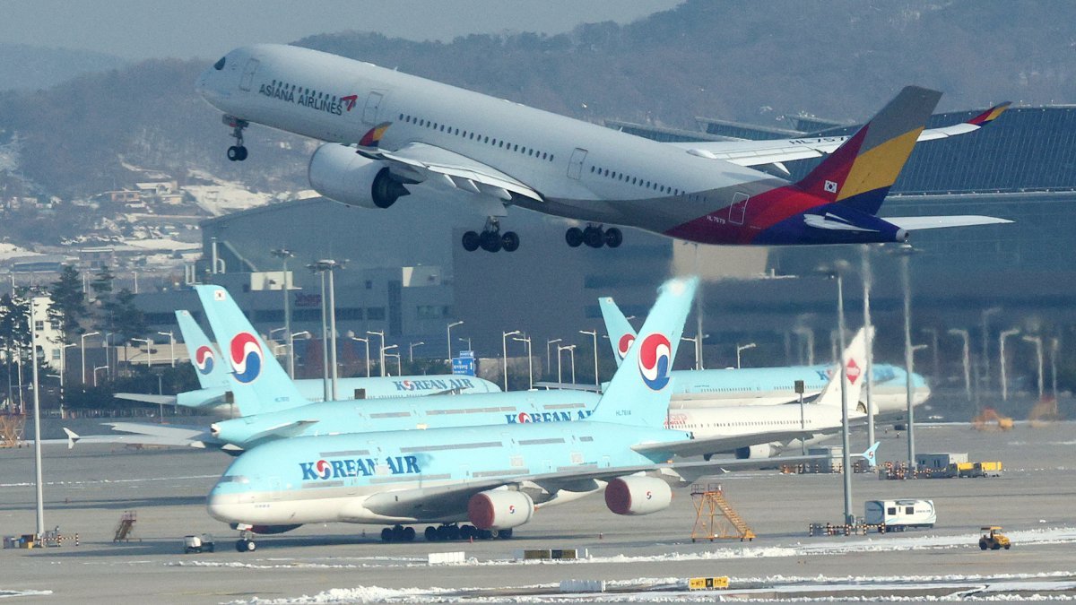 29일 오전 인천국제공항에서 아시아나 항공기가 대한항공 항공기 위로 이륙하고 있다.  2024.11.29 뉴스1