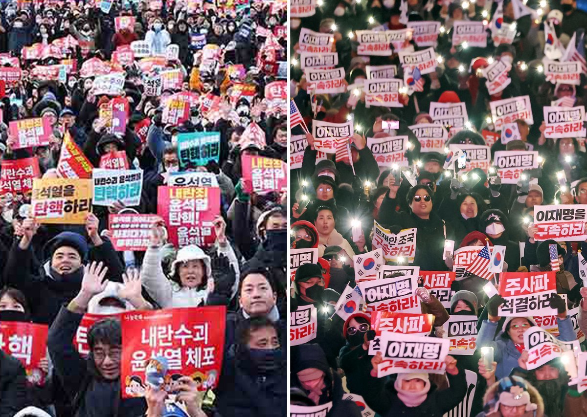 왼쪽은 7일 서울 영등포구 여의도 국회의사당 앞에서 시민들이 윤석열 대통령의 탄핵소추안 통과를 촉구하며 구호를 외치는 모습. 오른쪽은 보수단체 회원들이 김건희 특별법 부결 소식과 윤 대통령 탄핵안 부결 전망에 기뻐하는 모습. 뉴스1