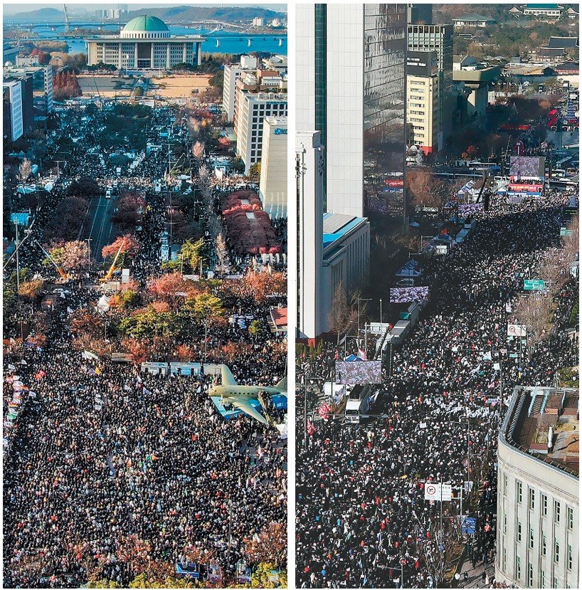 “尹 탄핵을” vs “탄핵 반대”  윤석열 대통령에 대한 탄핵소추안이 가결된 14일 오후 서울 영등포구 국회의사당 앞에선 탄핵을 촉구하는 집회가 열렸다. 집회에 참가한 20만여 명(경찰 추산)의 시민들은 ‘윤석열을 거부한다’ 등이 적힌 피켓과 응원봉 등을 들고 구호를 외치며 탄핵안 가결을 요구했다(왼쪽 사진). 같은 날 오후 서울 세종대로 광화문역 일대에선 자유통일당 등 보수 성향 단체가 주최한 탄핵 반대 집회가 열렸다. 경찰 추산 4만1000명은 태극기와 성조기를 흔들며 “계엄은 정당했다”, “탄핵 반대” 등의 구호를 외쳤다. 뉴스1·신원건 기자 laputa@donga.com