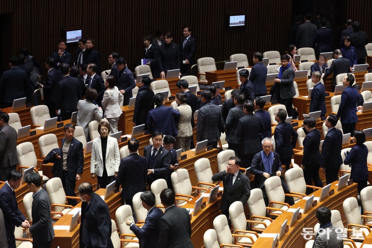 14일 국회 본회의장에서 야당 의원들이 본회의 산회가 선포되자 회의장을 나서고 있다. 박형기 기자 oneshot@donga.com