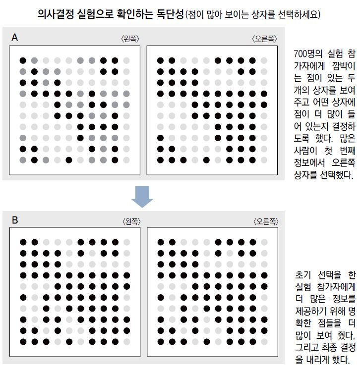 두 개의 상자 안에 있는 점의 총수는 같다. A에서 선명하게 보이는 점의 정보만 다르다. B에선 왼쪽과 오른쪽 상자에 똑같은 정보를 제공했다. 더 명확한 정보를 제공했지만 많은 사람이 최종 결정에서 처음 선택한 오른쪽 상자의 점이 더 많다고 답변했다.