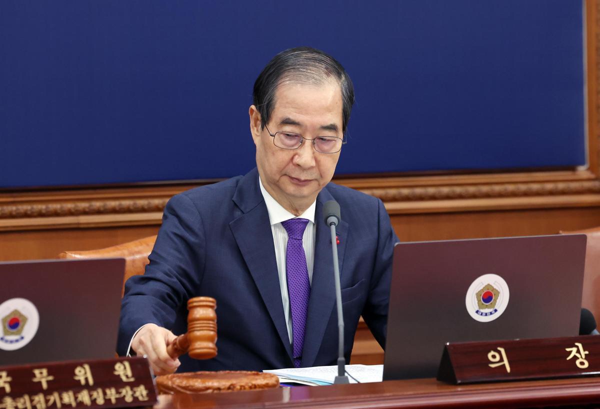 한덕수 대통령 권한대행이 17일 서울 종로구 정부서울청사에서 열린 국무회의에서 의사봉을 두드리고 있다. 뉴시스