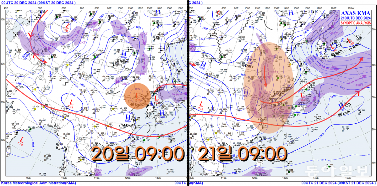 20일과 21일 우리나라 주변의 일기도. 북쪽 한기를 막아주던 저기압(왼쪽)이 사라지고 한기가 강하게 남하하는 모습을 볼 수 있습니다. 기상청