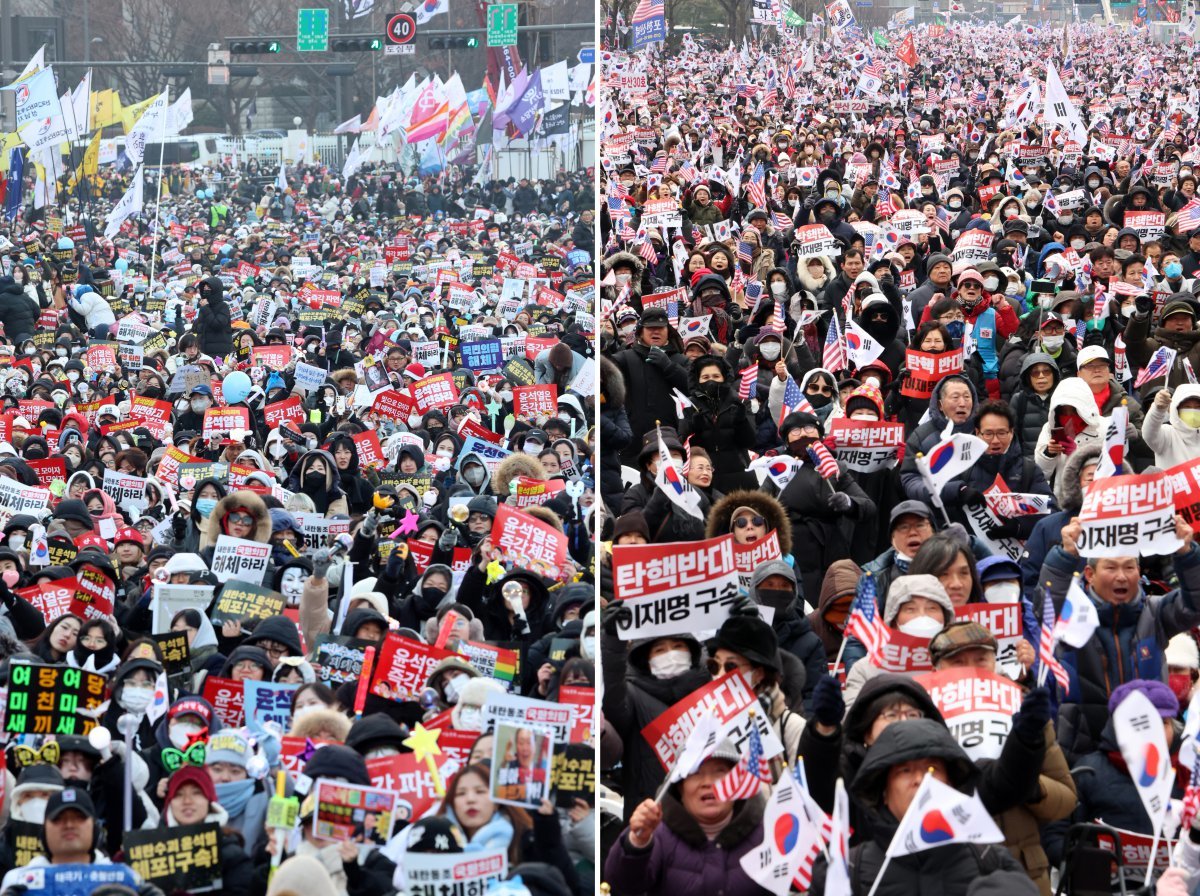 21일 서울 광화문 동십자각에서 열린 윤석열즉각퇴진·사회대개혁 비상행동 범국민촛불대행진에서 시민들이 명동으로 행진하고 있다.(왼쪽) 한편 서울 종로구 광화문 동화면세점 앞에서 열린 대한민국바로세우기국민운동본부 주최 ‘대통령 탄핵 반대 자유민주주의 수호 광화문 국민혁명대회’에서 참가자들이 구호를 외치고 있다. 2024.12.21 뉴스1