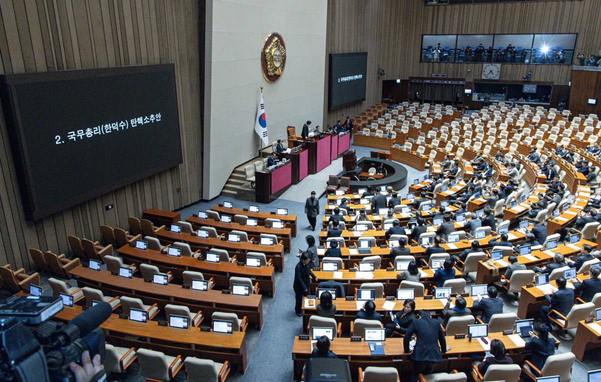 우원식 국회의장이 27일 오후 서울 여의도 국회 본회의장에서 열린 제420회 국회(임시회) 제2차 본회의에서 국무총리(한덕수) 탄핵소추안을 가결시키고 있다. 2024.12.27. 뉴스1