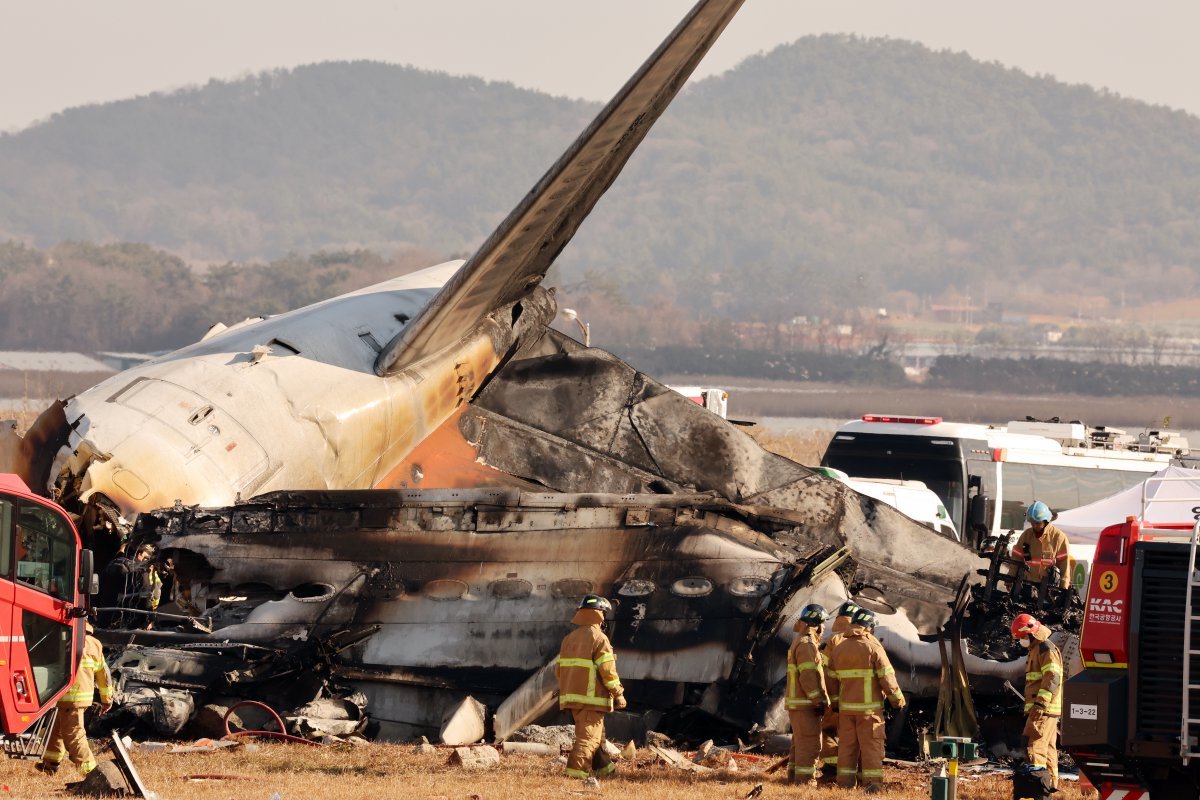 29일 오전 전남 무안국제공항 활주로에 여객기가 추락해 사고 수습이 이뤄지고 있다. 이날 오전 9시 7분쯤 승객과 승무원 181명을 태운 태국발 제주항공 7C2216편 항공기가 무안공항 착륙을 시도하던 중 활주로 외벽에 부딪혀 폭발했다. 뉴스1