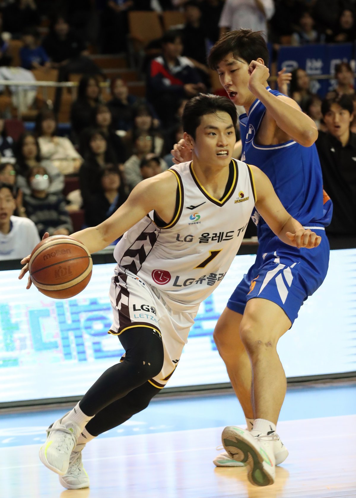 7일 오후 서울 송파구 잠실 실내체육관에서 열린 KCC 프로농구 2024-2025 KBL 서울 삼성과 창원 LG의 경기에서 LG 유기상이 돌파하고 있다. 2024.11.7. 뉴스1