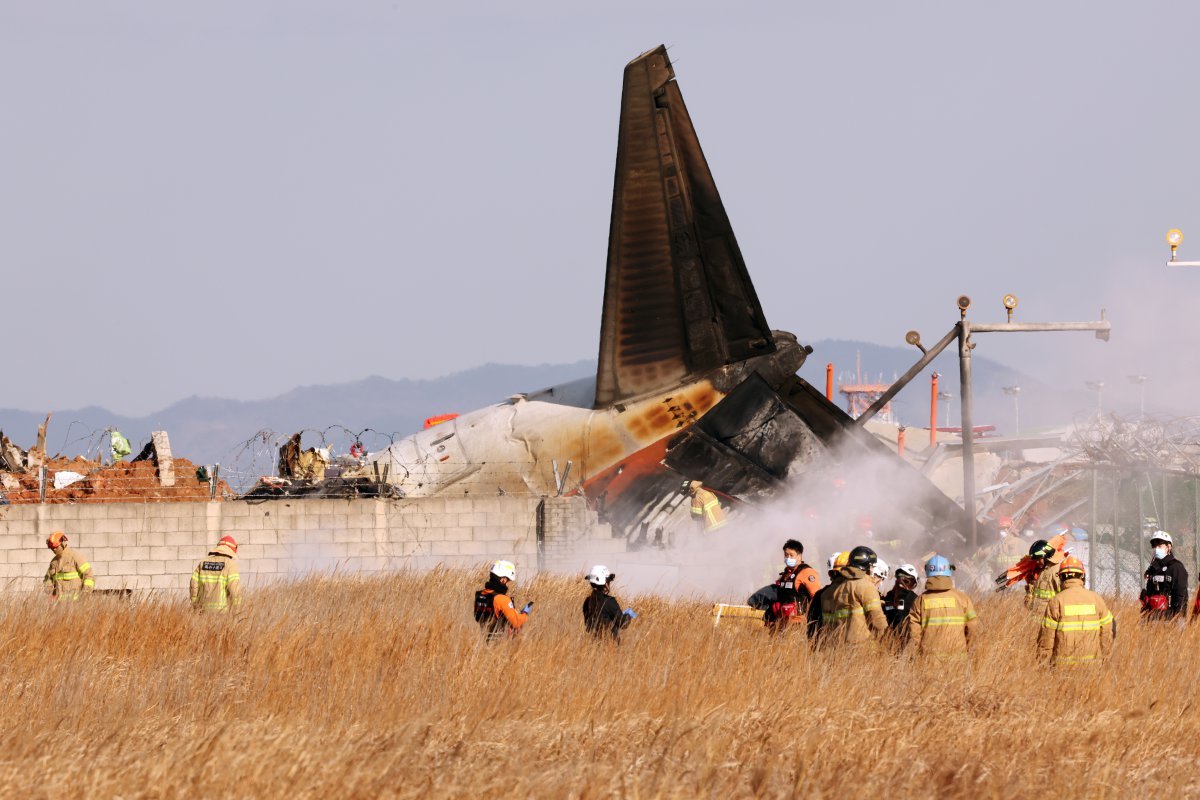 29일 오전 전남 무안국제공항 활주로에 여객기가 추락해 사고 수습이 이뤄지고 있다. 이날 오전 9시 7분쯤 승객과 승무원 181명을 태운 태국발 제주항공 7C2216편 항공기가 무안공항 착륙을 시도하던 중 활주로 외벽에 부딪혀 폭발했다. 2024.12.29. 뉴스1