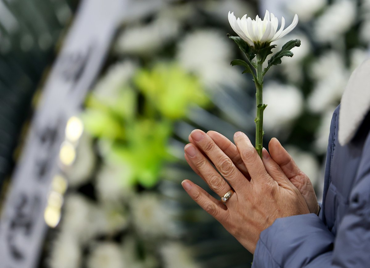 2일 전남 무안군 무안국제공항에 마련된 제주항공 여객기 참사 희생자 합동분향소에서 한 조문객이 국화를 든 채 기도하고 있다. (공동취재) 2025.1.2 뉴스1