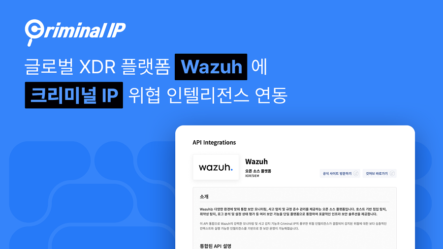 보안 통합 플랫폼 ‘Wazuh’에 에이아이스페라의 ‘크리미널 IP’의 위협 인텔리전스가 연동됐다. 이미지=에이아이스페라 제공