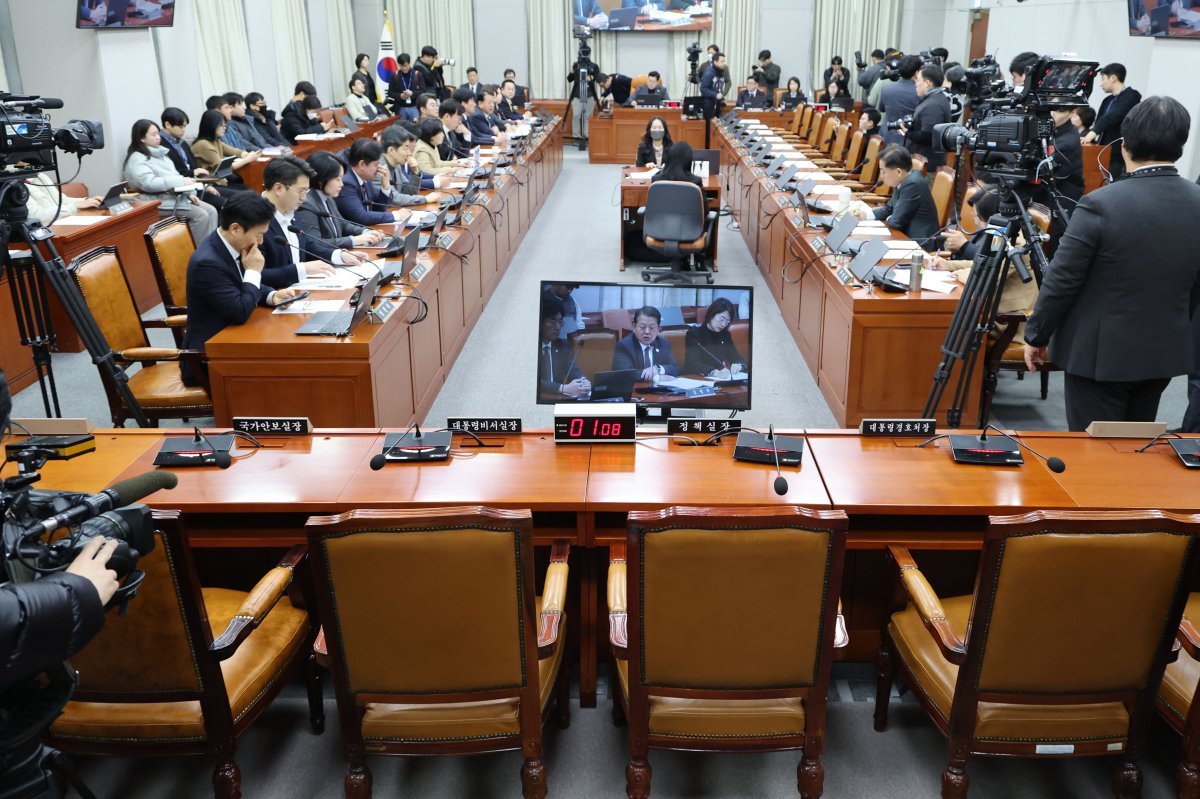 8일 오전 서울 여의도 국회에서 열린 운영위원회 전체회의에서 여당을 비롯한 국무위원들의 자리가 비어있다. 2025.01.08.[서울=뉴시스]