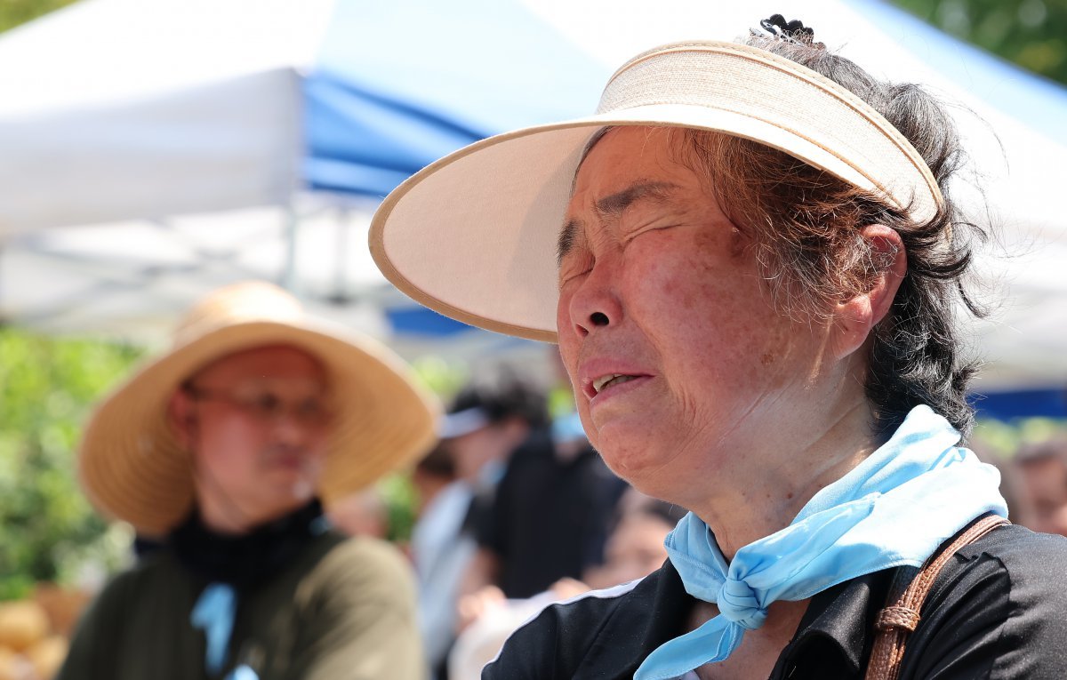 11일 경기 화성시 아리셀 공장 앞에서 열린 중대재해 참사 희생자 49재에서 유가족들이 오열하고 있다. 지난 6월24일 발생한 아리셀 공장 화재로 한국인 5명, 중국인 17명, 라오스인 1명이 숨졌다. 2024.8.11/뉴스1