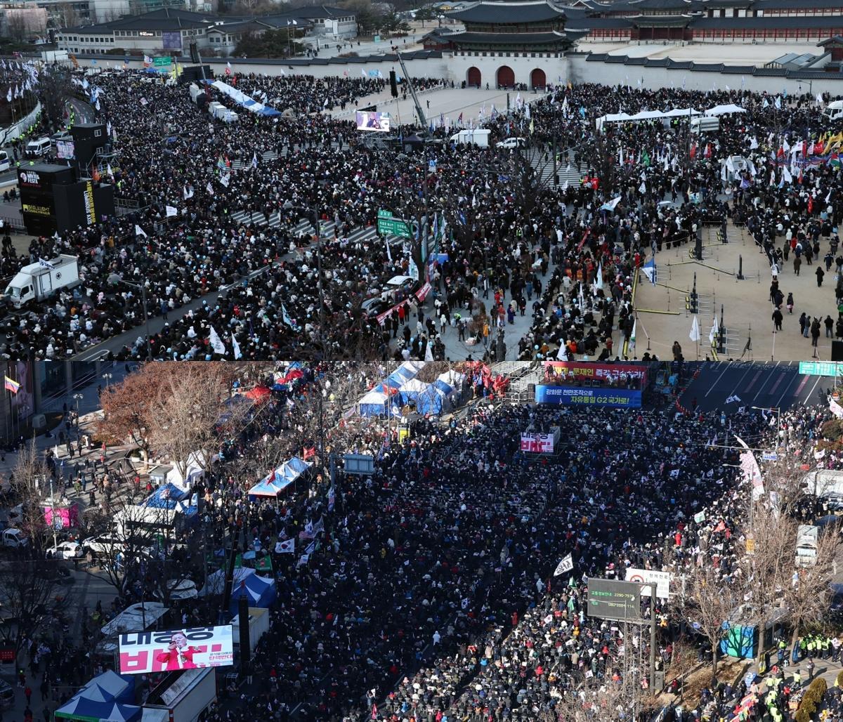 28일 서울 도심 광화문 일대에서는 윤석열 대통령 탄핵을 촉구하거나 반대하는 대규모 집회가 열렸다. 사진은 경복궁 동십자각 인근에서 열린 ‘윤석열즉각퇴진·사회대개혁 비상행동’ 주최 촛불집회(위)와 동화면세점 앞에서 열린 대한민국바로세우기국민운동본부 주최 대통령 탄핵 반대 자유민주주의 수호 광화문 국민혁명대회(아래). 2024.12.28. 뉴스1