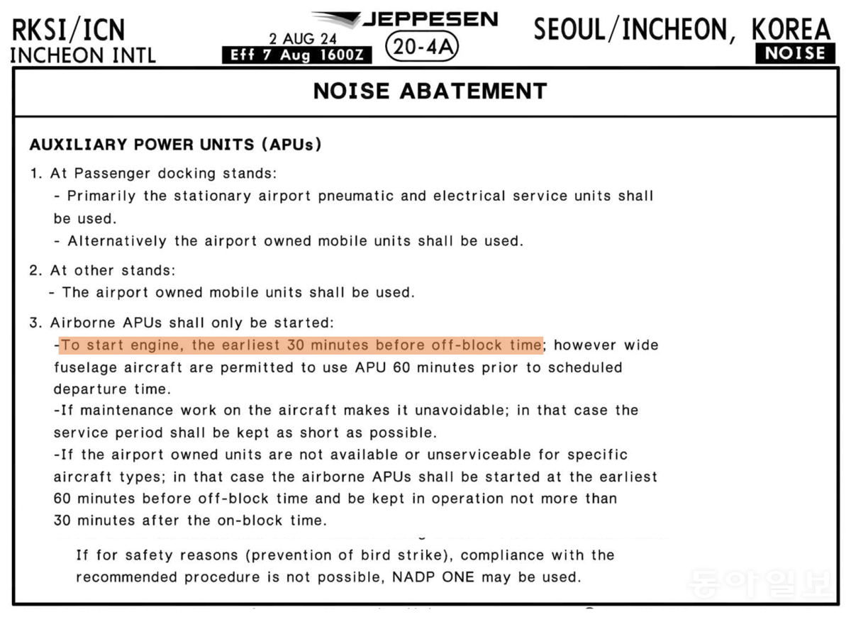 ????? ??(Jeppesen)??? ??? APU ?? ?? ??. ???? ???? ??? ?? (Off-Block Time) 30? ??? ??? ????? ??? ????. ?? ??