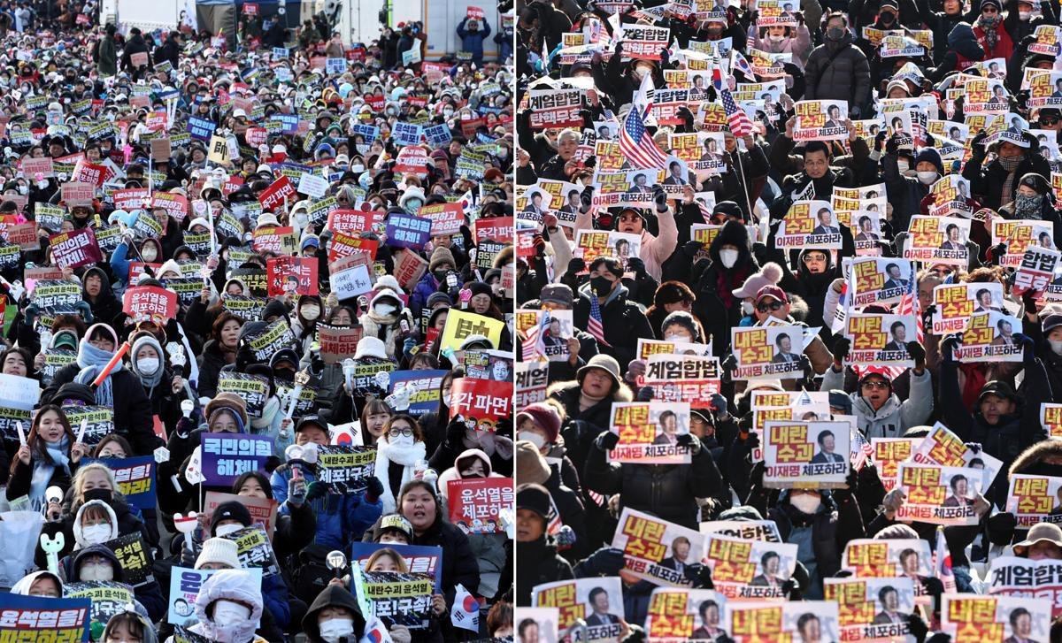 28일 서울 도심 광화문 일대에서 윤석열 대통령 탄핵을 촉구하는 집회(왼쪽)와 탄핵 반대 맞불집회가 각각 열리고 있다. 2024.12.28/뉴스1 ⓒ News1