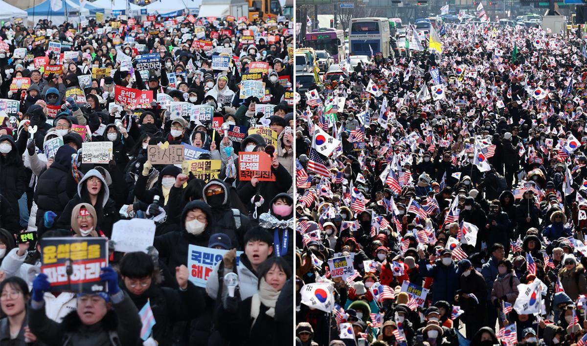 22일 오후 서울 종로구 광화문 일대에서 ‘윤석열 대통령 즉각퇴진·사회대개혁 비상행동’ 측이 주최한 탄핵 찬성 집회 참석자 1만1000여 명이 ‘즉각 파면’ 등이 적힌 피켓을 든 채 윤 대통령 탄핵을 촉구하고 있다(왼쪽 사진). 같은 날 종로구 동화면세점 앞에서는 탄핵을 반대하는 3만 명이 모여 “대통령 즉각 복귀” 등의 구호를 외쳤다. 송은석 기자 silverstone@donga.com·뉴시스