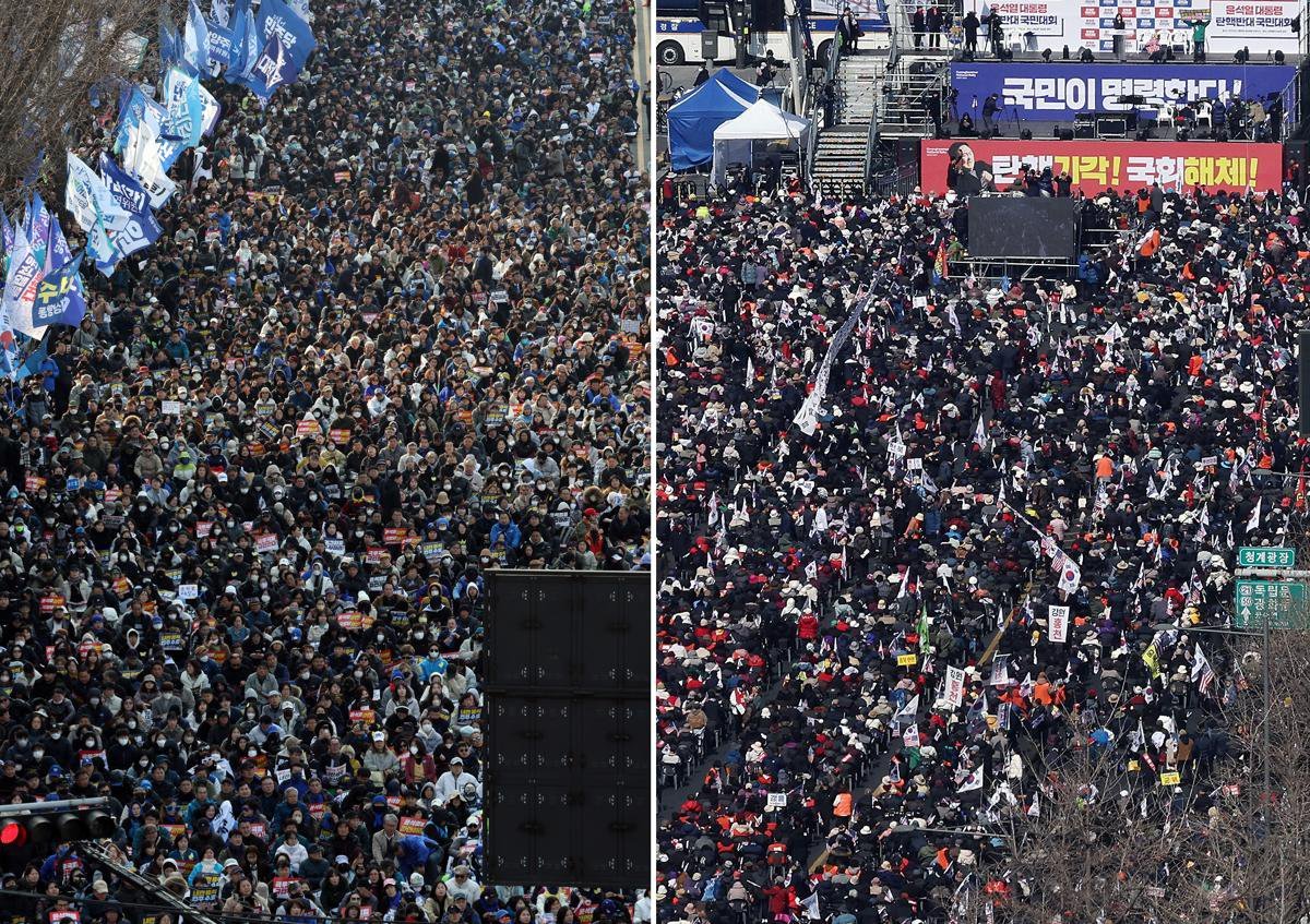 법원의 윤석열 대통령 구속 취소 결정 이후 첫 주말인 8일 서울 도심 곳곳에서 윤 대통령 탄핵 찬반 집회가 열렸다. 사진 왼쪽은 종로구 안국동에서 열린 찬성집회 ‘야5당 공동 윤석열 파면 촉구 2차 범국민대회’. 오른쪽은 광화문 광장에서 열린 탄핵 반대집회‘자유통일을 위한 국민대회’. 2025.3.8/뉴스1 ⓒ News1 이동해 기자