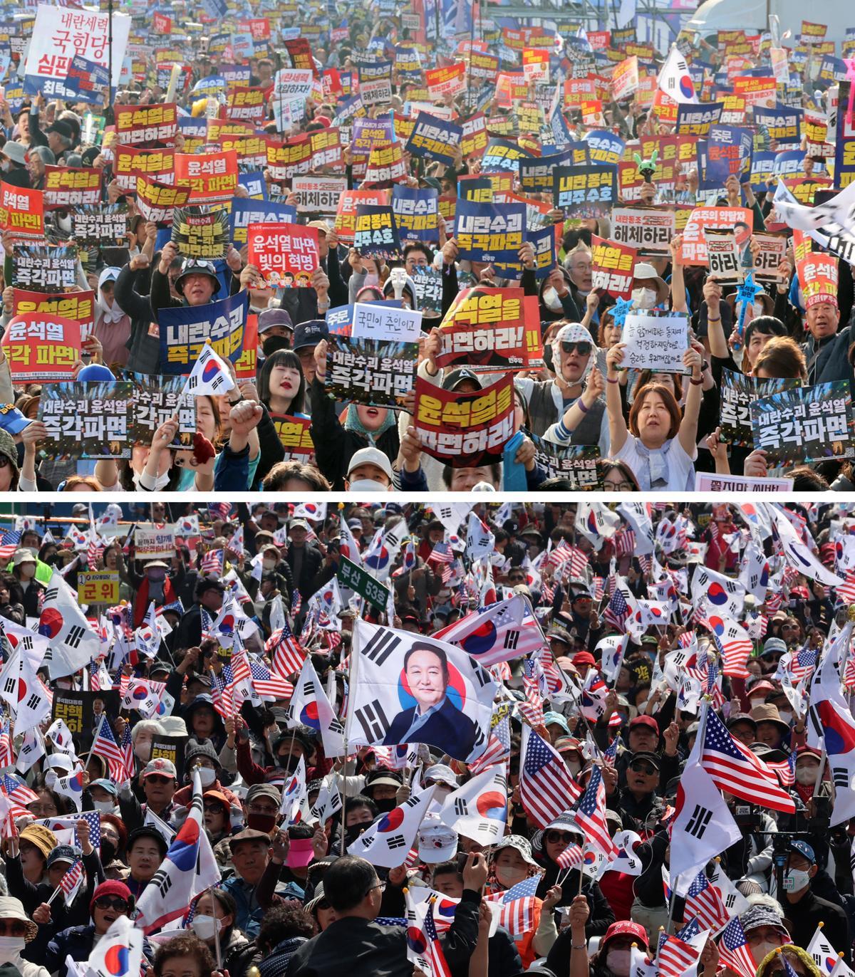 22일 오후 서울 종로구 광화문 동십자각 일대에서 윤석열 대통령 탄핵 촉구 집회(위), 중구 세종대로에서 탄핵 반대 집회(아래)가 각각 열리고 있다. 뉴시스