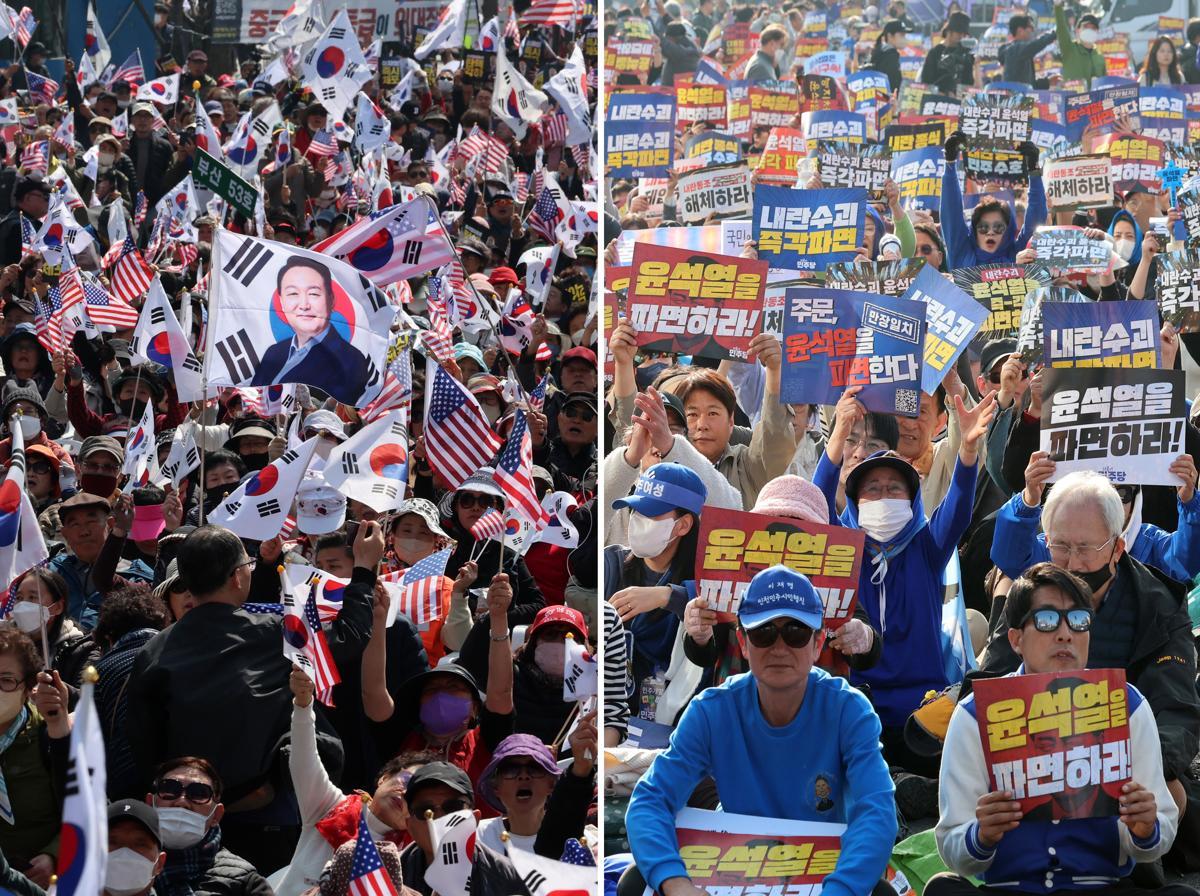 22일 오후 서울 중구 세종대로에서 윤석열 대통령 탄핵 반대 집회(왼쪽사진), 종로구 광화문 동십자각 일대에서 윤석열 대통령 탄핵 촉구 집회가 각각 열리고 있다. 뉴시스