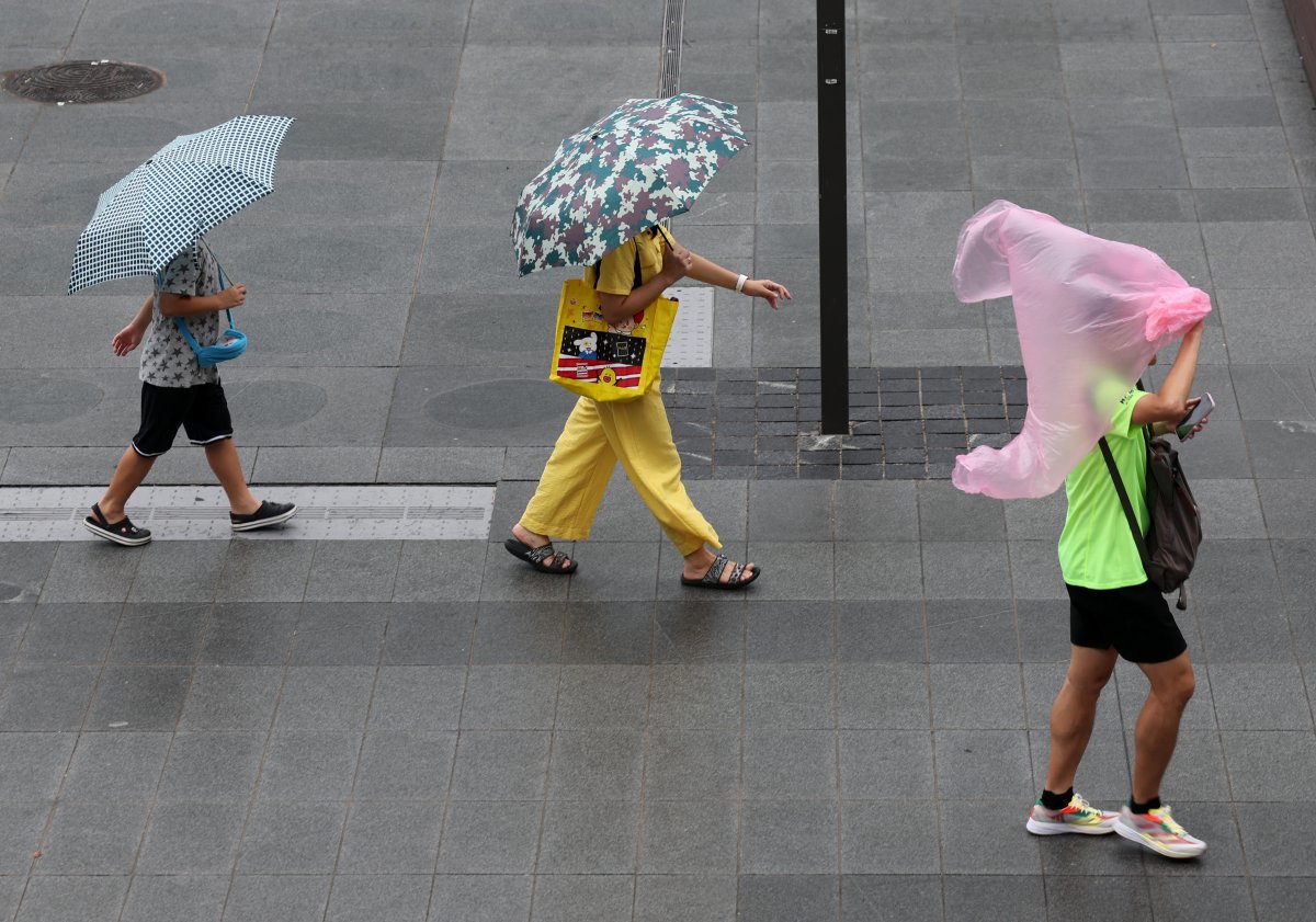 무더위를 식혀주는 비가 내린 13일 오후 서울 종로구 광화문광장에서 우산을 쓴 시민들이 발걸음을 옮기고 있다. 2025.07.13. [서울=뉴시스]