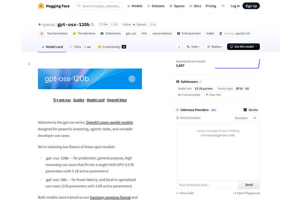 허깅페이스에 등재된 gpt-oss-120b 모델, 개발자 누구나 다운로드해서 무료로 사용할 수 있다 / 출처=IT동아