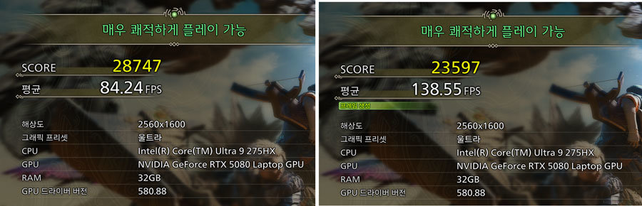 몬스터헌터 와일즈 벤치마크, 프레임 생성 미적용(왼쪽)과 적용(오른쪽) 결과 / 출처=IT동아