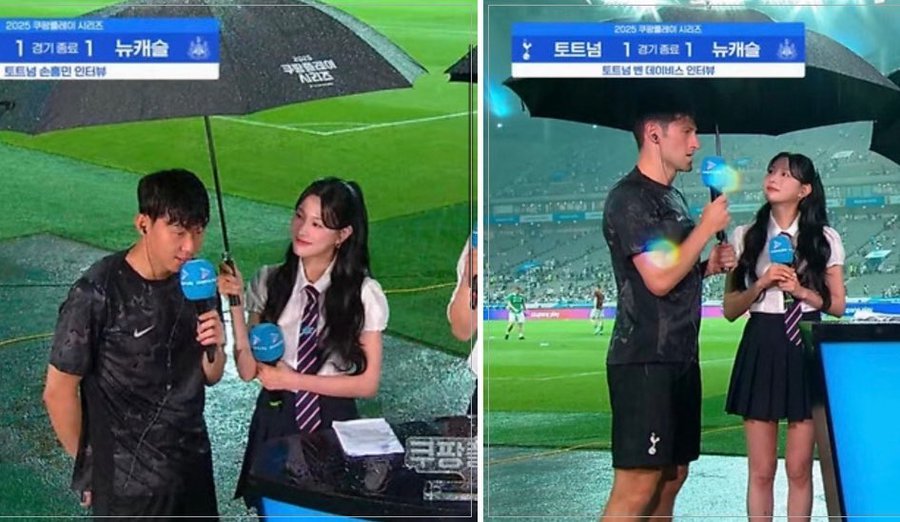 3일 서울월드컵경기장에서 토트넘과 뉴캐슬의 경기가 끝난 뒤 손흥민 선수가 인터뷰하고 있다. 토트넘의 벤 데이비스 선수도 경기를 마친 소감을 밝히고 있다(오른쪽 사진). X 캡쳐.