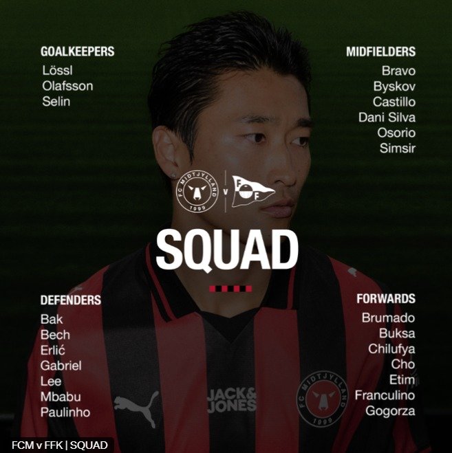 미트윌란(덴마크) 공격수 조규성이 15일(한국시간) 열리는 프레드릭스타드(노르웨이)와 2025-26 유럽축구연맹(UEFA) 유로파리그(UEL) 3차 예선 홈 2차전 스쿼드에 포함됐다. 미트윌란 SNS 캡처