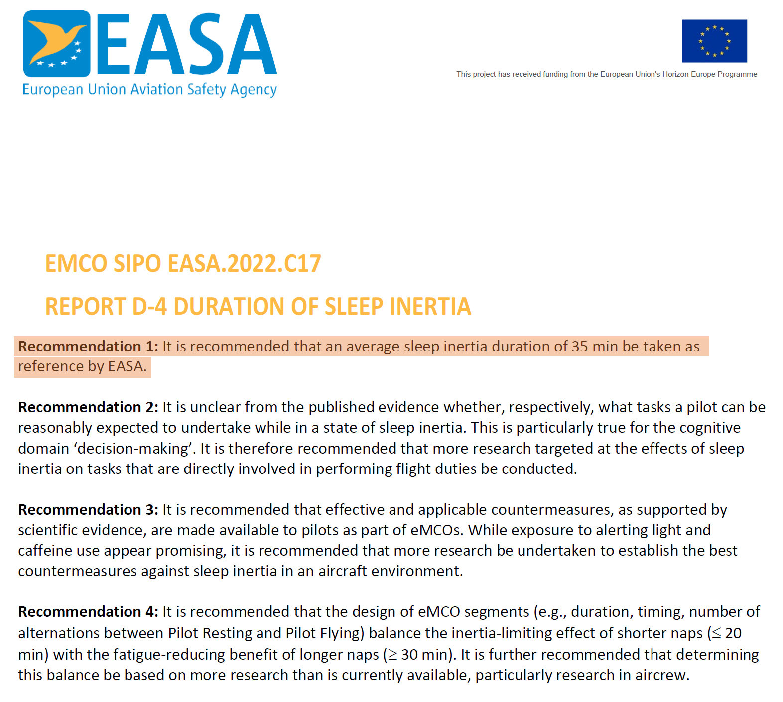 조종사의 ‘잠 깨는 시간’을 35분으로 설정해야 한다고 권고한 EASA의 관련 문서. 출처 EASA