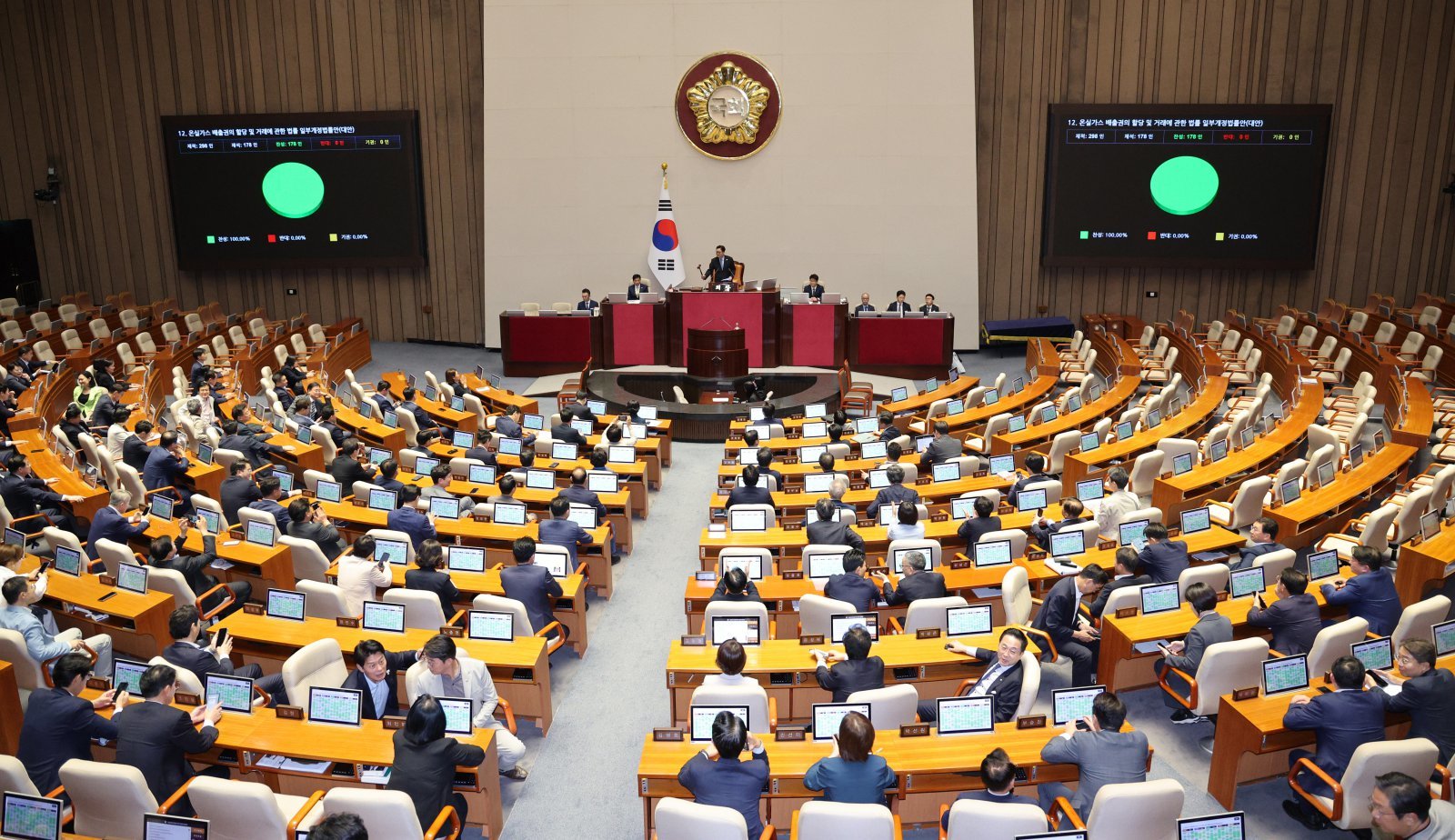 9월 29일 서울 여의도 국회에서 열린 제429회 국회(정기회) 제9차 본회의에서 온실가스 배출권의 할당 및 거래에 관한 법률 일부개정법률안(대안)이 가결되고 있다. 2025.9.29 뉴스1