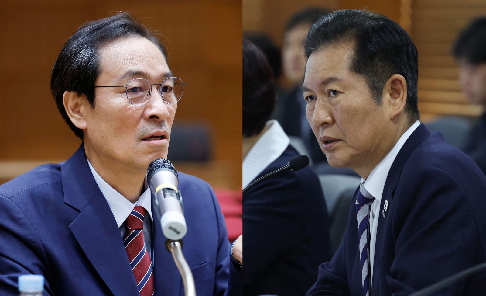 우상호 대통령정무수석비서관(왼쪽). 정청래 더불어민주당대표