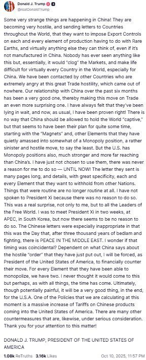 도널드 트럼프 미국 대통령이 10일(현지시간) 소셜미디어 ‘트루스소셜’에 게재한 중국의 희토류 수출 통제 조치에 대한 입장문.(트럼프 트루스소셜) ⓒ News1