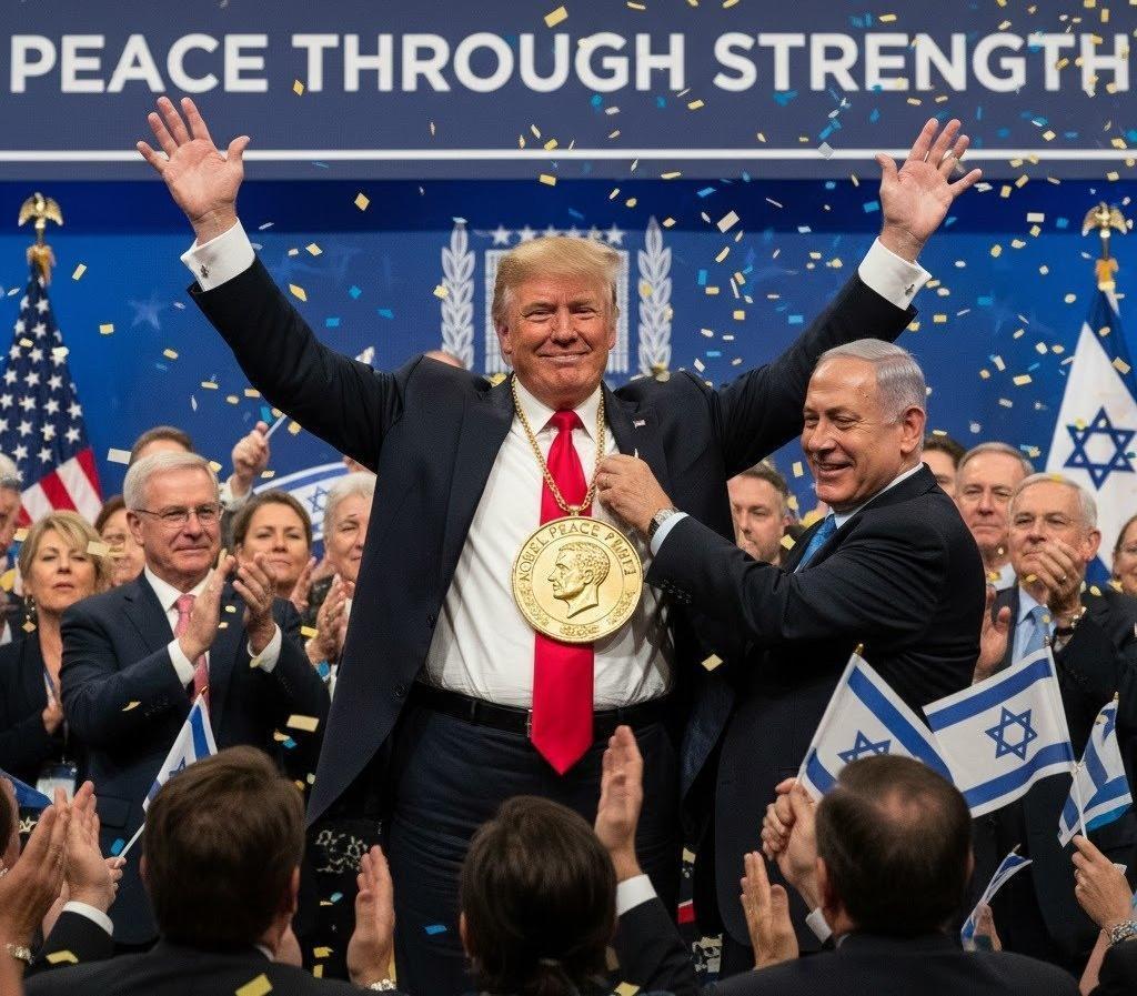 네타냐후 “트럼프, 노벨 평화상 자격 있다” 합성사진까지 이스라엘 총리실이 9일(현지 시간) ‘X’에 가짜 노벨상 메달을 목에 건 도널드 트럼프 미국 대통령(가운데)과 옆에서 미소 짓는 베냐민 네타냐후 이스라엘 총리의 합성 사진을 게재하며 “그(트럼프 대통령)는 (노벨 평화상을 탈) 자격이 있다”고 적었다. 사진 출처 이스라엘 총리실 X