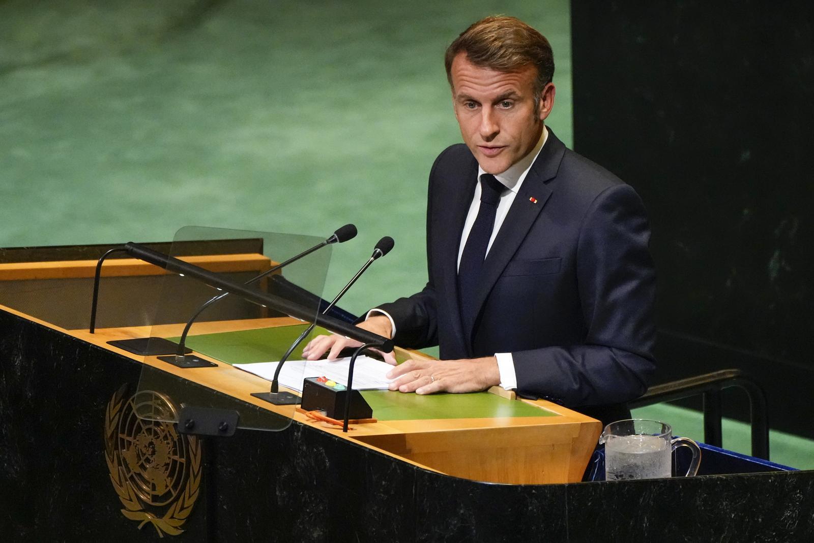 에마뉘엘 마크롱 프랑스 대통령이 22일(현지 시간) 미국 뉴욕의 유엔 본부에서 팔레스타인 사안의 평화적 해결과 두 국가 해법 실행을 논의하는 고위급 국제회의를 주재하고 있다. 2025.09.23 뉴욕=신화/뉴시스