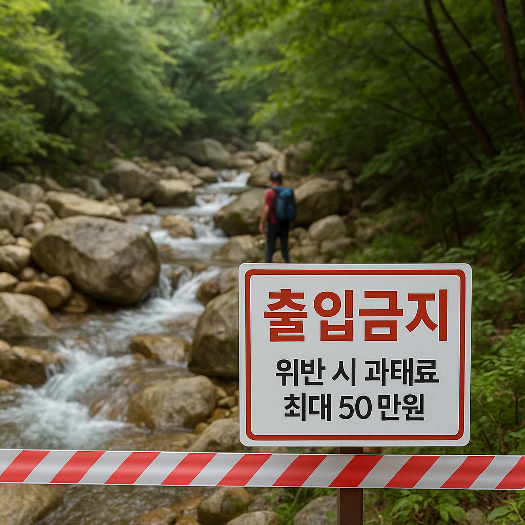 출입이 금지된 계곡 구역에 무단으로 들어갈 경우, 50만 원 이하의 과태료가 부과된다. 사진=Chat GPT 제작