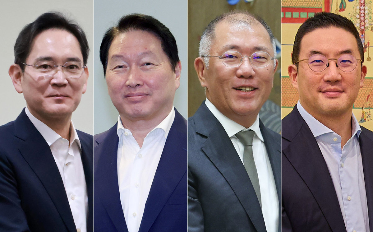 4대그룹 총수. 왼쪽부터 이재용 삼성전자 회장과 최태원 SK그룹 회장, 정의선 현대차그룹 회장, 구광모 ㈜LG 대표. 뉴스1