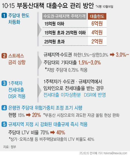 정부가 15일 발표한 ‘10·15 주택시장 안정화 대책’에 따르면 수도권·규제지역에 적용되는 주택구입목적 주택담보대출 한도가 집값에 따라 2억원까지 축소된다. 또 1주택자 전세대출에 총부채원리금상환비율(DSR) 규제를 적용한다. 뉴시스