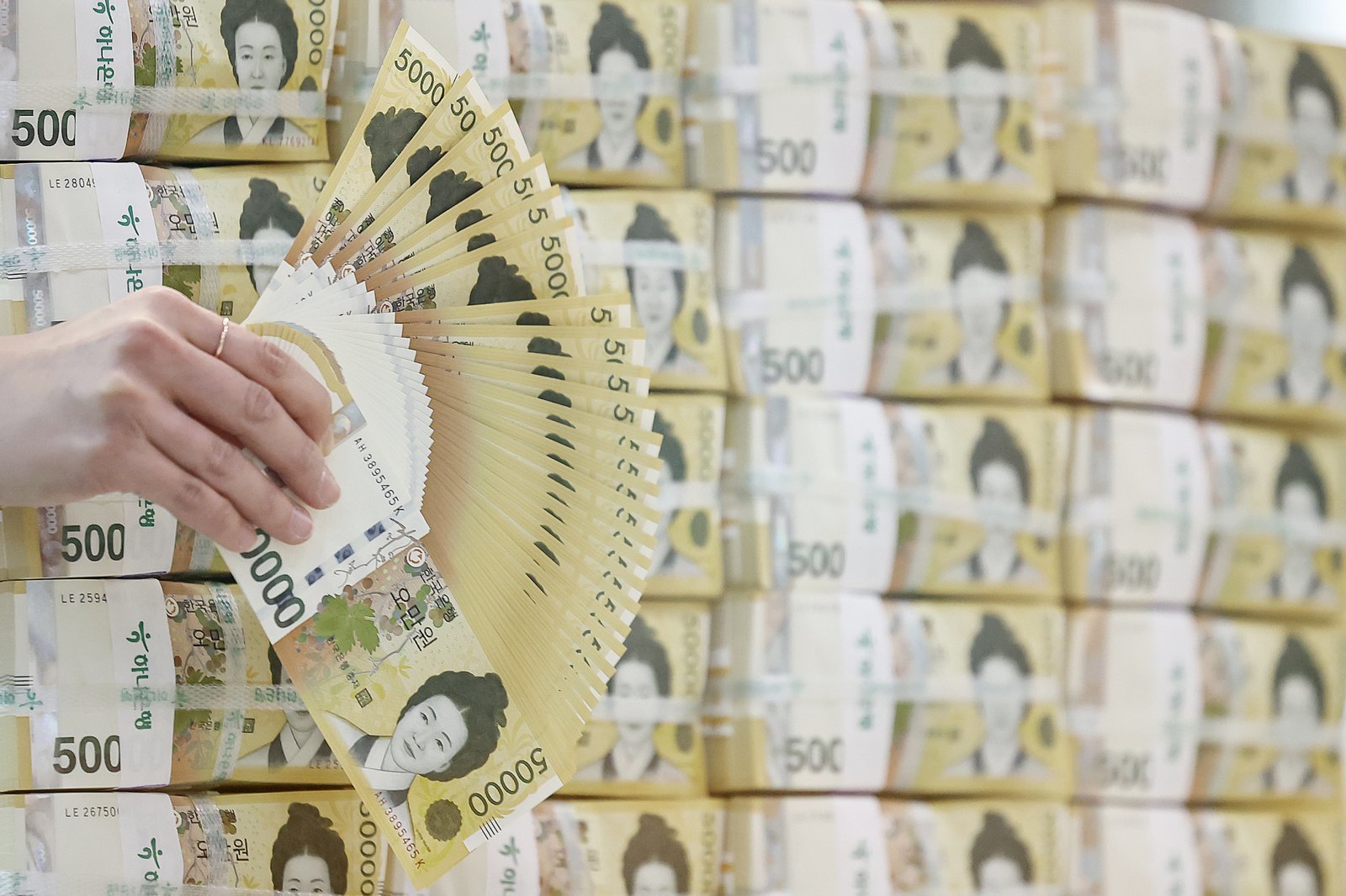 19일 서울 중구 하나은행 위변조대응센터에서 직원이 5만원권을 펼쳐 보이고 있다. 2025.2.19/뉴스1