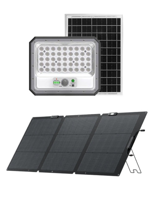 롯데하이마트 상무점에서 판매하는 태양광 투광등(위 사진)과 휴대용 태양광 패널.