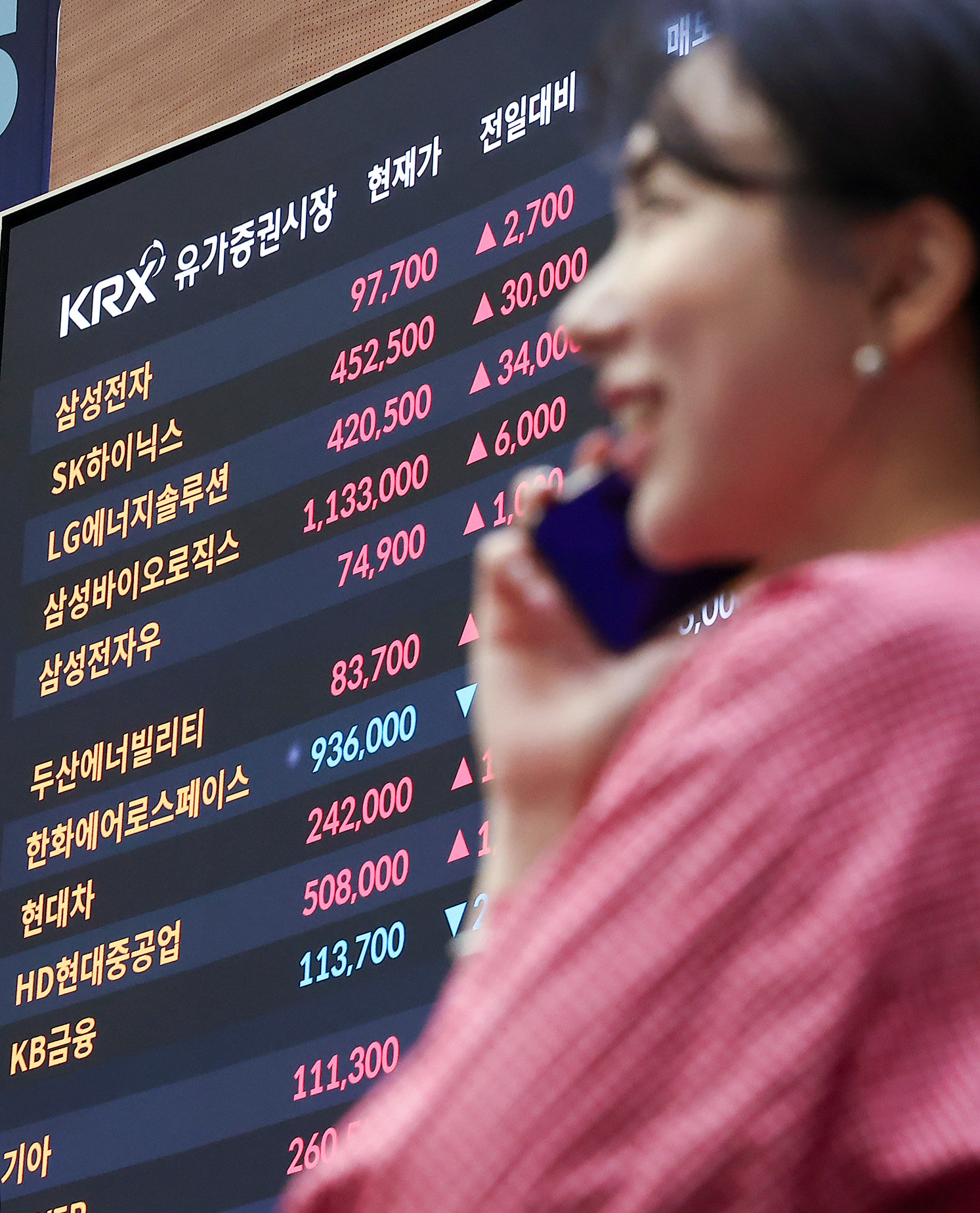 코스피 지수가 3740선을 돌파하며 사상 최고치를 경신한 16일 서울 여의도 한국거래소 현황판에 삼성전자와 하이닉스 종가가 나오고 있다. 2025.10.16 뉴스1