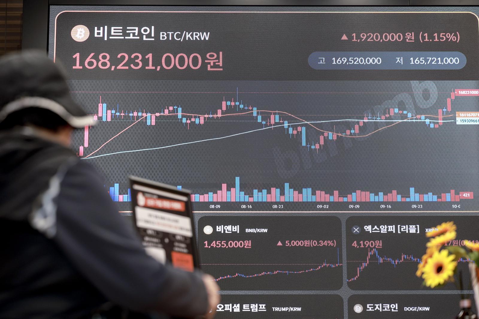 2일 서울 서초구 빗썸라운지 강남점 전광판에 비트코인 시세가 표시되어 있다.    비트코인이 미국 연방정부 셧다운(업무 일시 정지) 개시 첫날 4% 넘게 반등하며 1억6900만원대로 껑충 뛰었다.  달러 기준으로는 11만9000달러대를 넘기며 저항선인 12만달러에 가까워졌다. 2025.10.02 [서울=뉴시스]