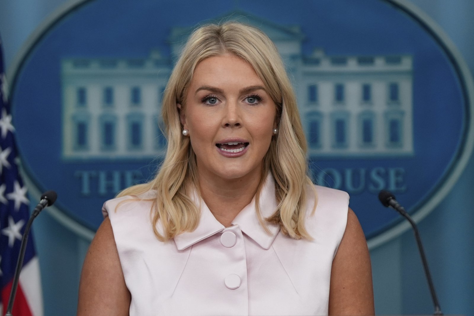 캐럴라인 레빗 백악관 대변인이 지난 7월 23일(현지 시간) 백악관 정례브리핑에서 발언하고 있다. 2025.10.22 워싱턴=AP/뉴시스