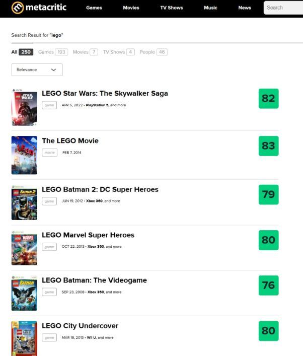 꾸준히 발매되고 있는 레고 게임들, 평가도 좋은 편이다_출처 메타크리틱