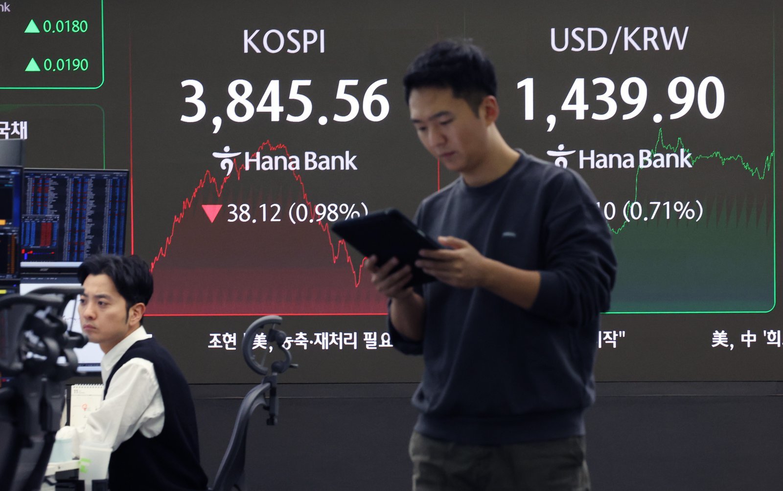23일 서울 중구 하나은행 딜링룸에서 딜러들이 업무를 보고 있다.   코스피는 전 거래일(3883.68)보다 38.12포인트(0.98%) 하락한 3845.56에, 코스닥 지수는 전 거래일(879.15)보다 7.12포인트(0.81%) 내린 872.03에 거래를 종료했다. 2025.10.23 [서울=뉴시스]