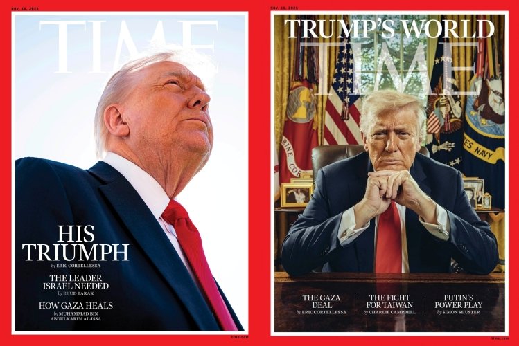 미국 시사 주간지 타임이 공개한 교체 전후 표지 사진. 도널드 트럼프 미국 대통령을 아래에서 찍은 사진에서 정면에서 찍은 사진으로 바뀌었다. 엑스(X·옛 트위터) 캡처