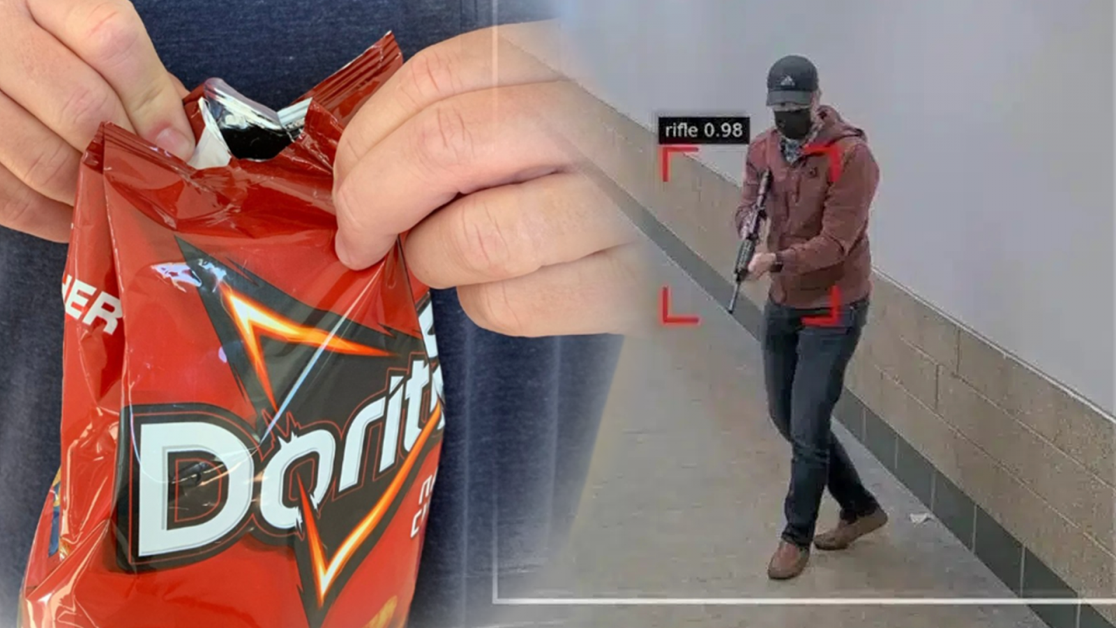 미국 볼티모어에서 과자 봉지 ‘도리토스’를 들고 있던 소년이 AI 총기 감지 시스템에 의해 경찰에 신고돼 체포된 사건이 발생했다. 왼쪽은 소년이 들고 있던 과자봉지와 같은 과자. 오른쪽은 옴니알러트 측이 제공한 총기 인식 AI 시스템의 모습. (출처=인스타그램 @doritos, omnilert)